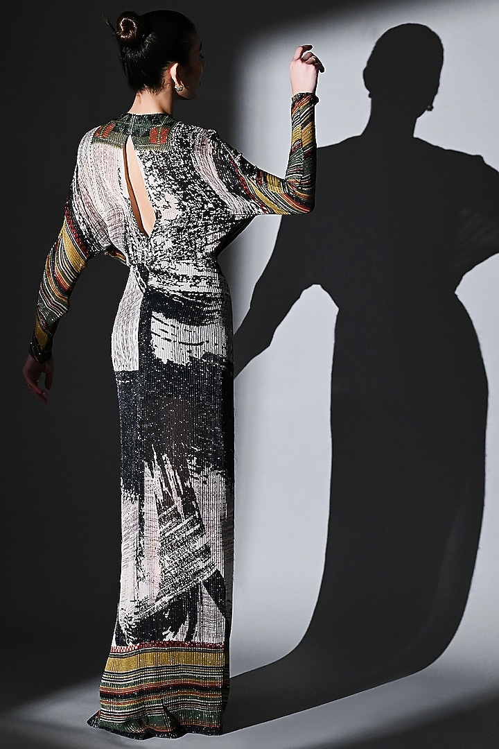 Black & White Sequins Pure Georgette Draped Maxi Party Wear Dress by Nikita Mhaisalkar at Pernia's Pop Up Shop
