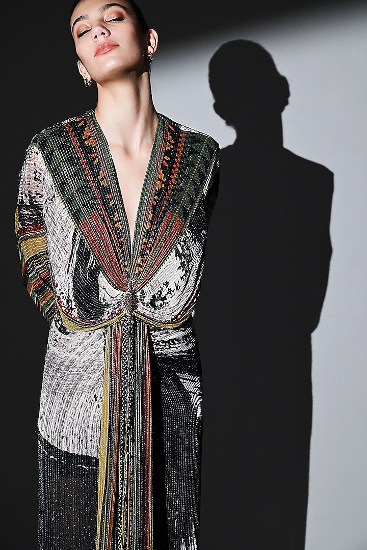 Black & White Sequins Pure Georgette Draped Maxi Party Wear Dress by Nikita Mhaisalkar at Pernia's Pop Up Shop