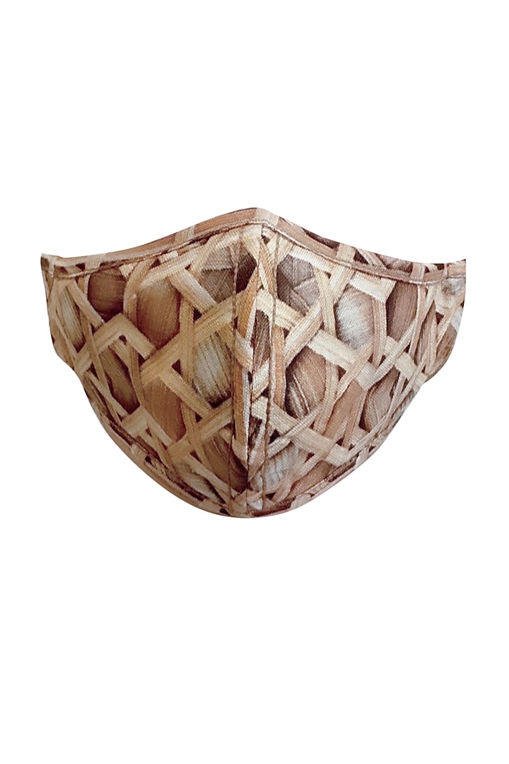 Beige & Brown 3 Ply Bamboo Printed Mask With Pouch by Nikita Mhaisalkar