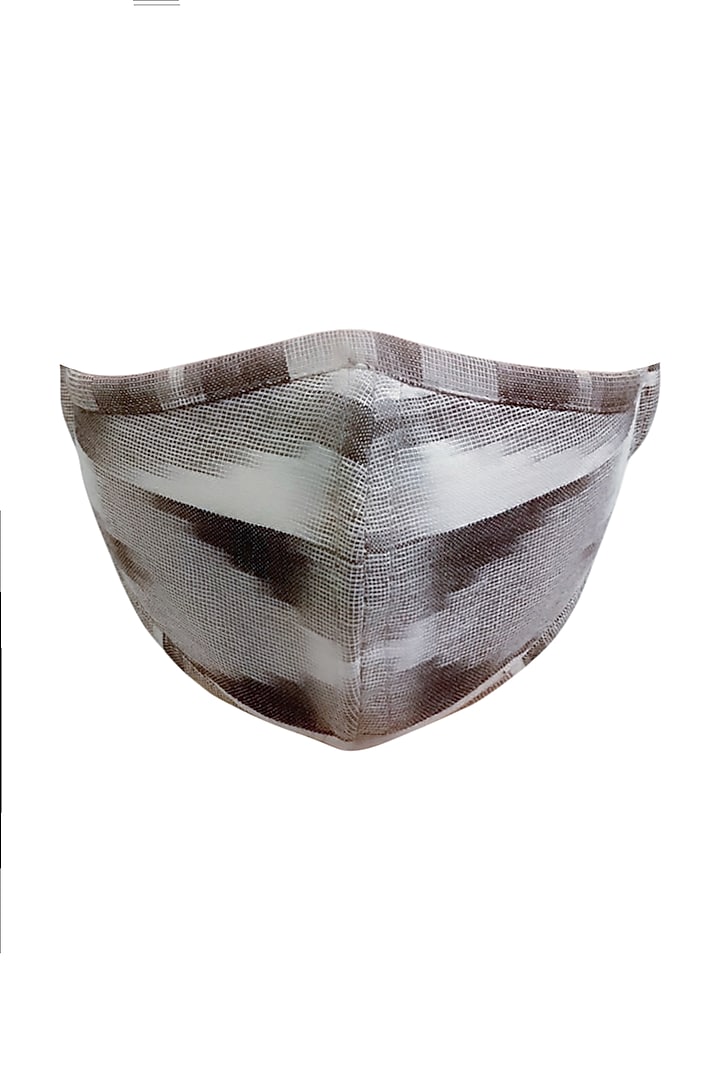 Grey 3 Ply Ikat Printed Mask With Pouch by Nikita Mhaisalkar