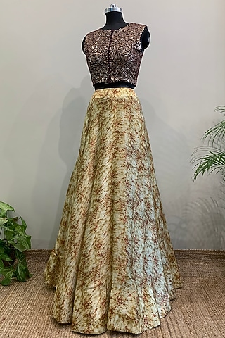 Purple Embroidered Crop Top With Ivory Printed Lehenga by Nikita Mhaisalkar