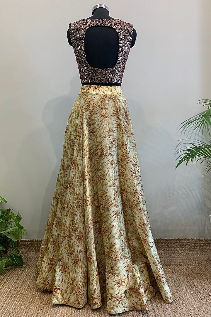Purple Embroidered Crop Top With Ivory Printed Lehenga by Nikita Mhaisalkar at Pernia's Pop Up Shop