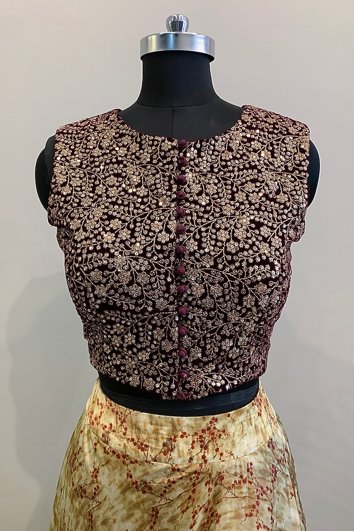 Purple Embroidered Crop Top With Ivory Printed Lehenga by Nikita Mhaisalkar at Pernia's Pop Up Shop