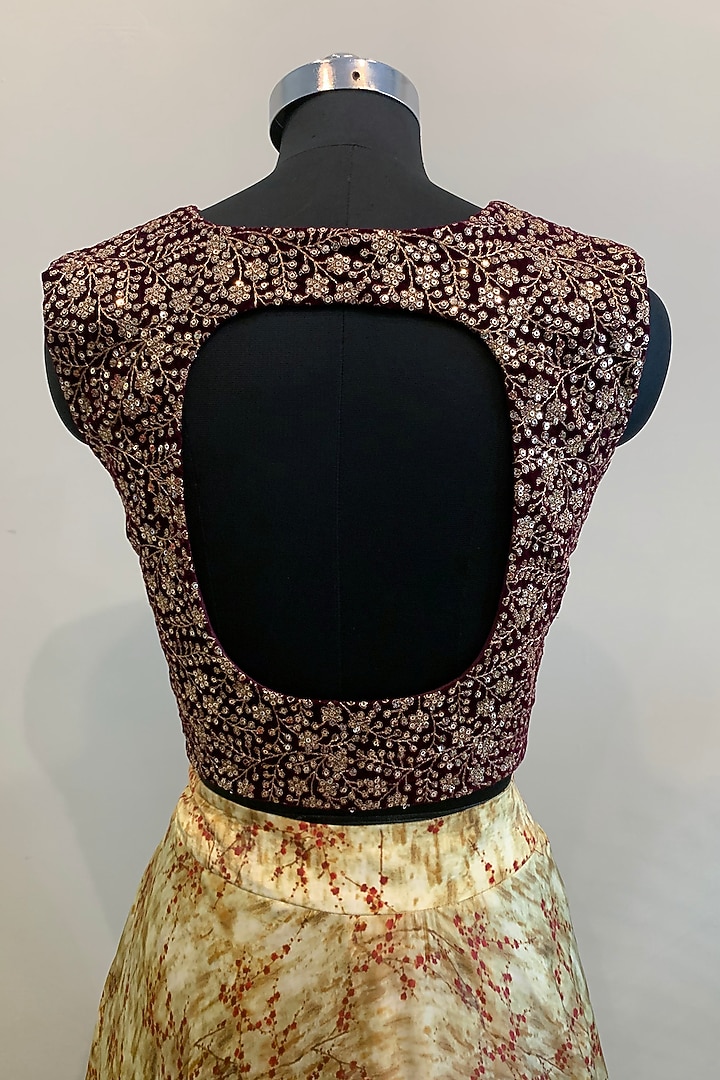 Purple Embroidered Crop Top With Ivory Printed Lehenga by Nikita Mhaisalkar at Pernia's Pop Up Shop