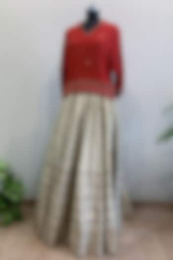 Red Embroidered Crop Top With Off White Skirt by Nikita Mhaisalkar
