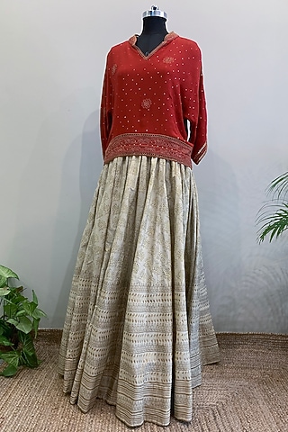 Red Embroidered Crop Top With Off White Skirt by Nikita Mhaisalkar