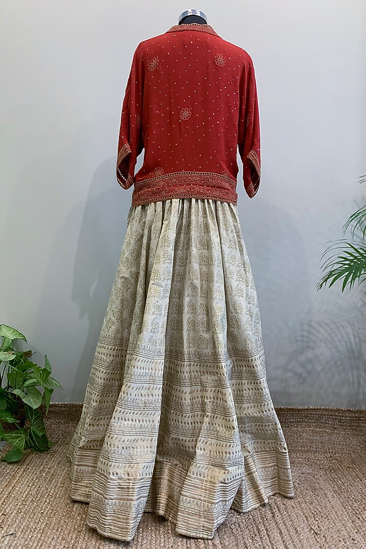 Red Embroidered Crop Top With Off White Skirt by Nikita Mhaisalkar at Pernia's Pop Up Shop