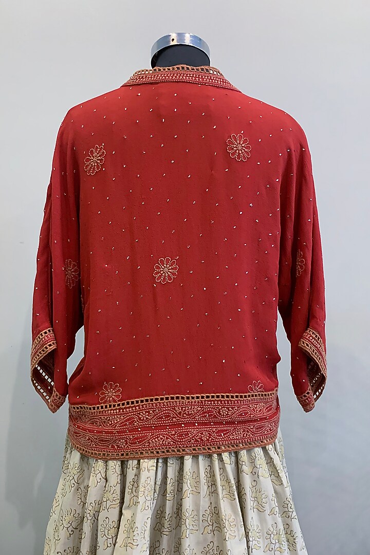 Red Embroidered Crop Top With Off White Skirt by Nikita Mhaisalkar at Pernia's Pop Up Shop
