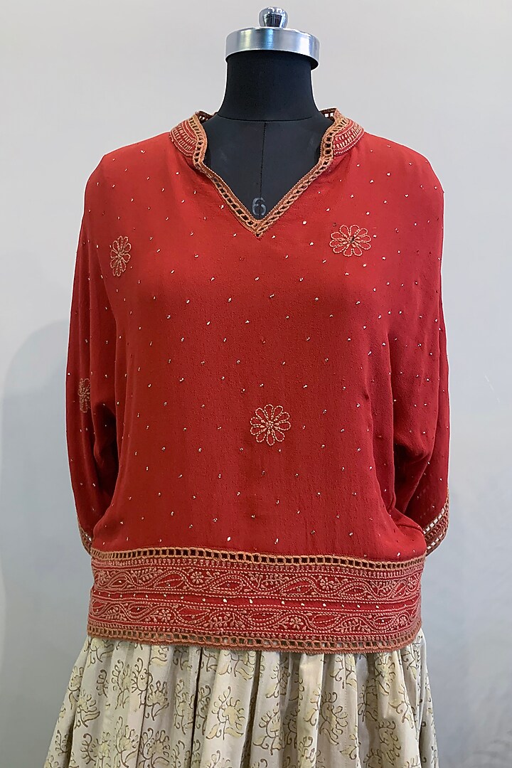 Red Embroidered Crop Top With Off White Skirt by Nikita Mhaisalkar at Pernia's Pop Up Shop