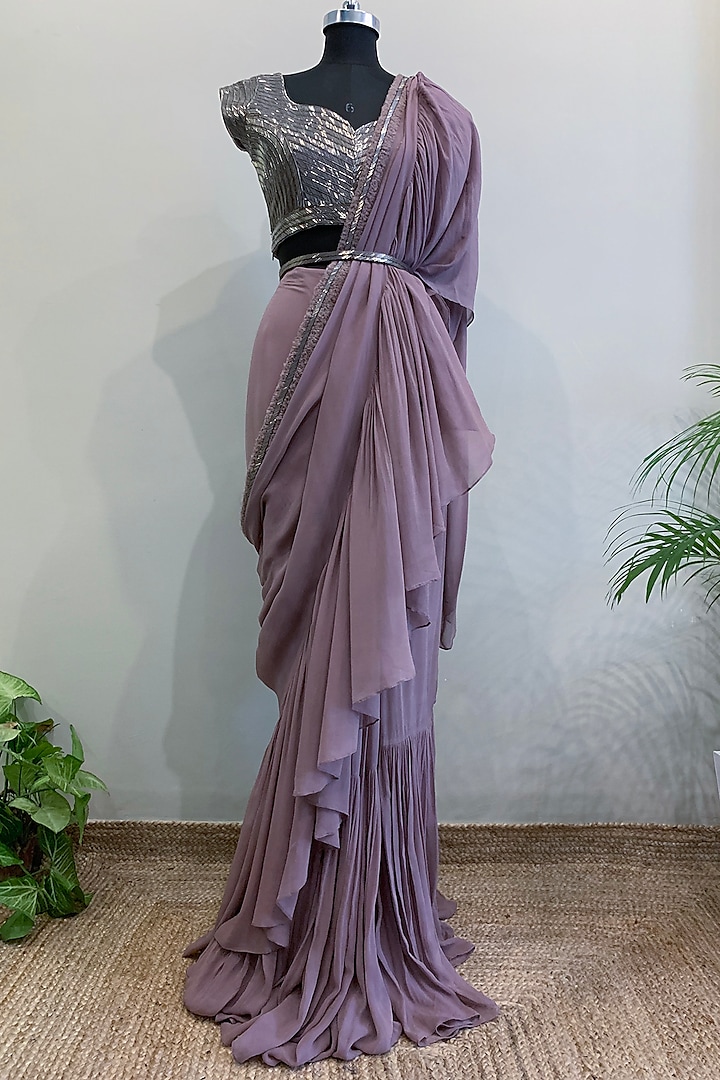 Mauve Embroidered Ruffled Saree Set With Belt by Nikita Mhaisalkar