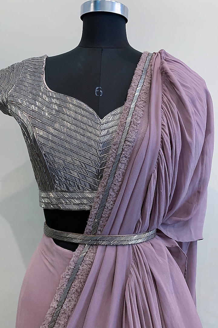 Mauve Embroidered Ruffled Saree Set With Belt