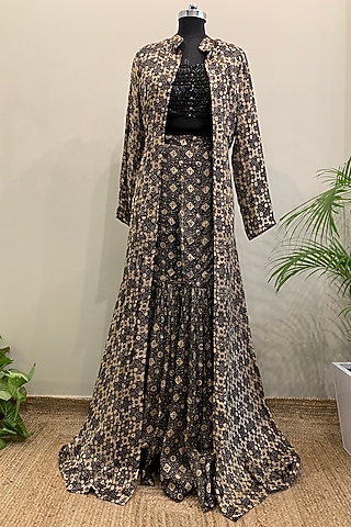 Black Printed Jacket With Crop Top & Pants by Nikita Mhaisalkar