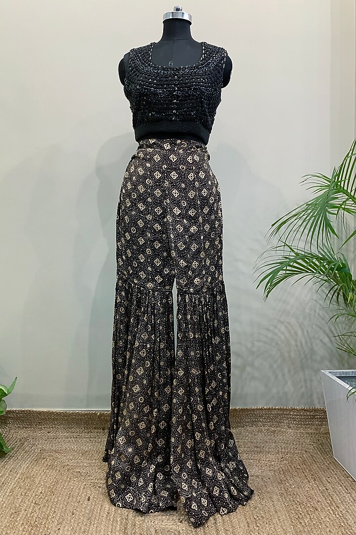 Black Printed Jacket With Crop Top & Pants by Nikita Mhaisalkar at Pernia's Pop Up Shop