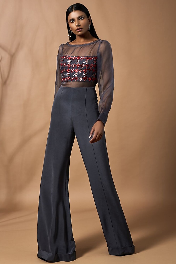 Ash Grey Embroidered Jumpsuit by Nikita Mhaisalkar at Pernia's Pop Up Shop