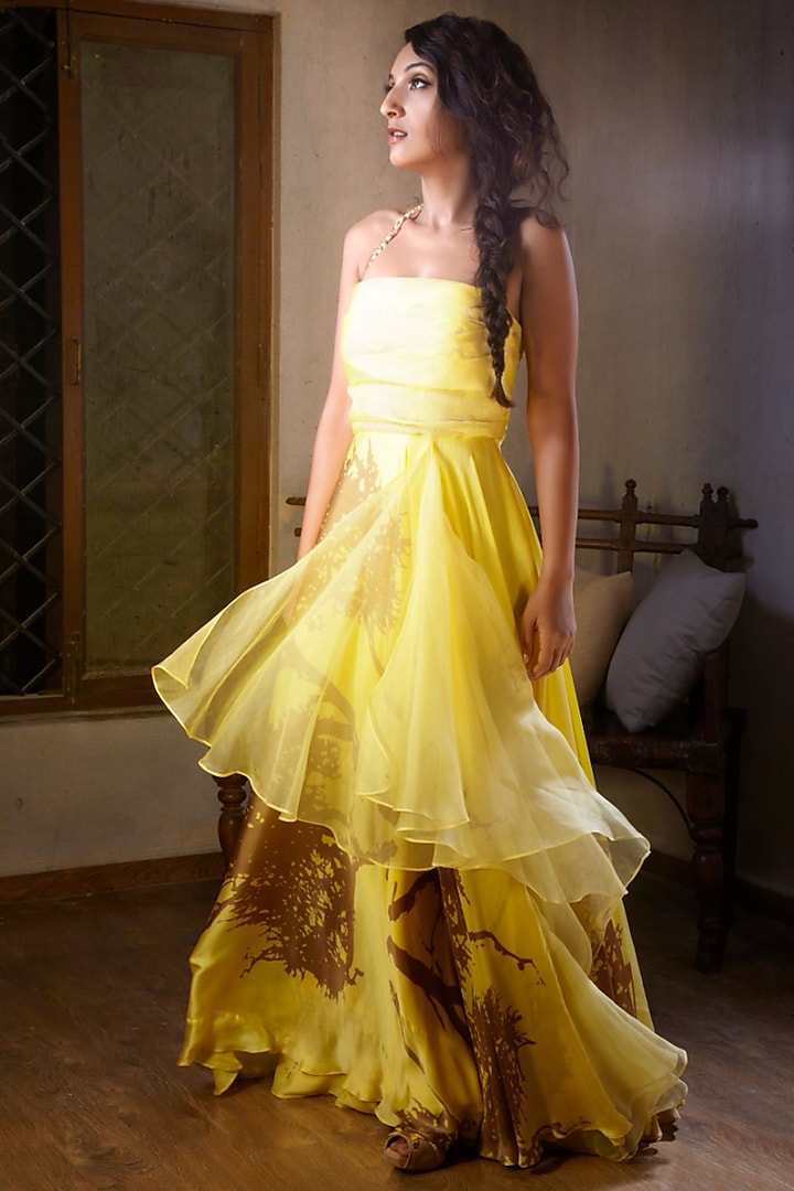 Yellow Printed Gown With Sheer Panel by Nikita Mhaisalkar