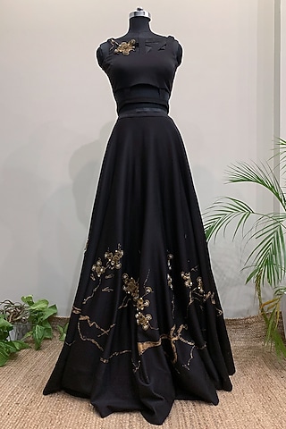 Black & Gold Embroidered Lehenga With Crop Top by Nikita Mhaisalkar