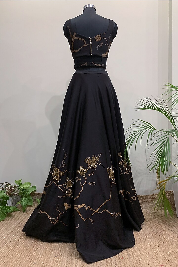 Black & Gold Embroidered Lehenga With Crop Top by Nikita Mhaisalkar at Pernia's Pop Up Shop