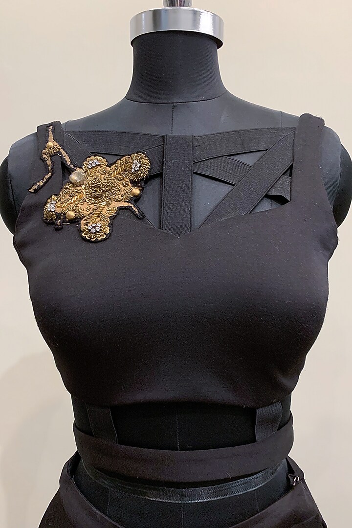 Black & Gold Embroidered Lehenga With Crop Top by Nikita Mhaisalkar at Pernia's Pop Up Shop
