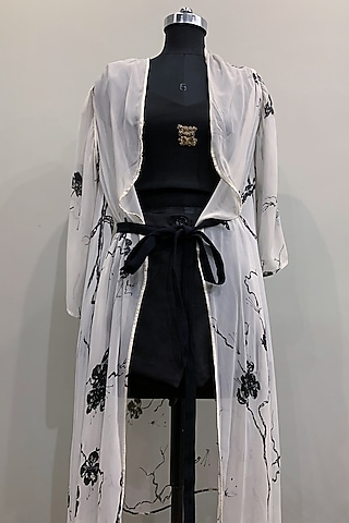 Black Embroidered Crop Top With Shorts & White Jacket by Nikita Mhaisalkar