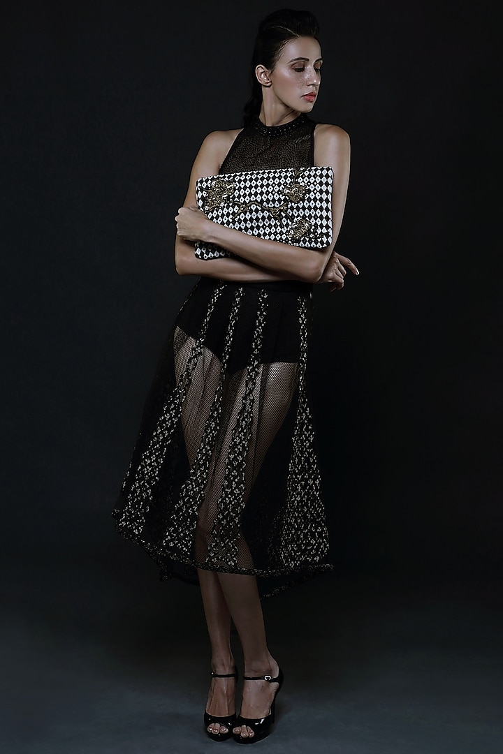 Black Embroidered Bodysuit With Skirt by Nikita Mhaisalkar