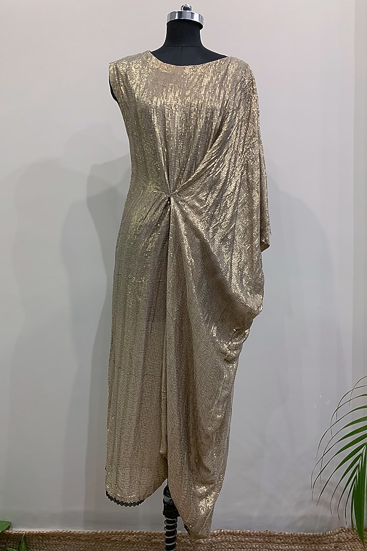 Gold Sequins Draped Dress by Nikita Mhaisalkar at Pernia's Pop Up Shop 2026