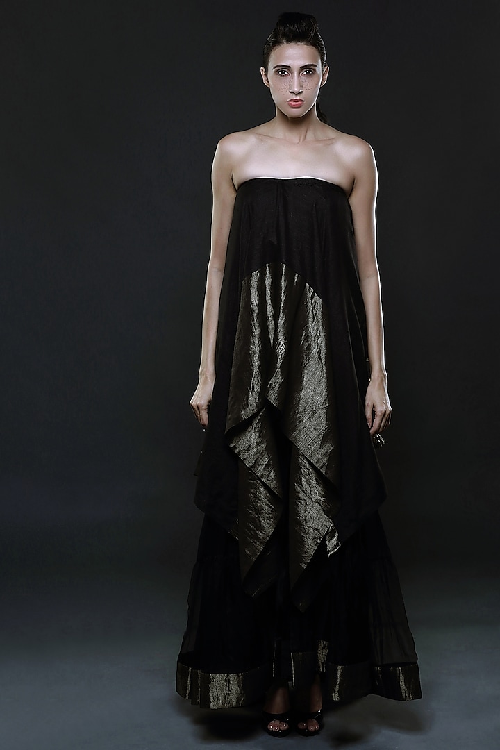 Black & Gold Asymmetric Dress With Lehenga by Nikita Mhaisalkar