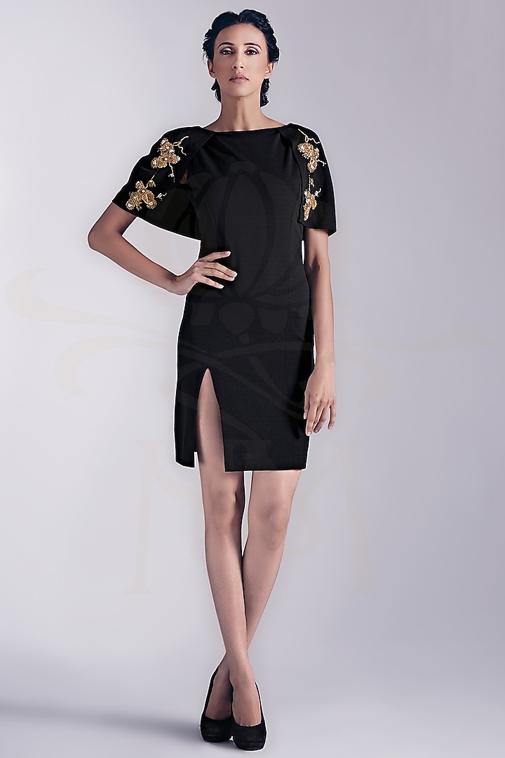 Black Embroidered Cape Dress by Nikita Mhaisalkar