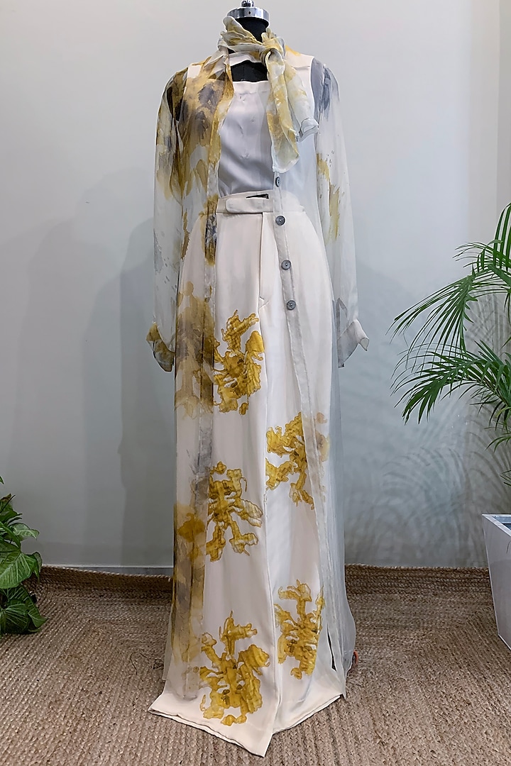 White & Yellow Floral Printed Jacket Set by Nikita Mhaisalkar