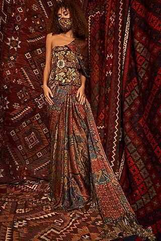 Brown Embroidered Corset With Belt by Nikita Mhaisalkar