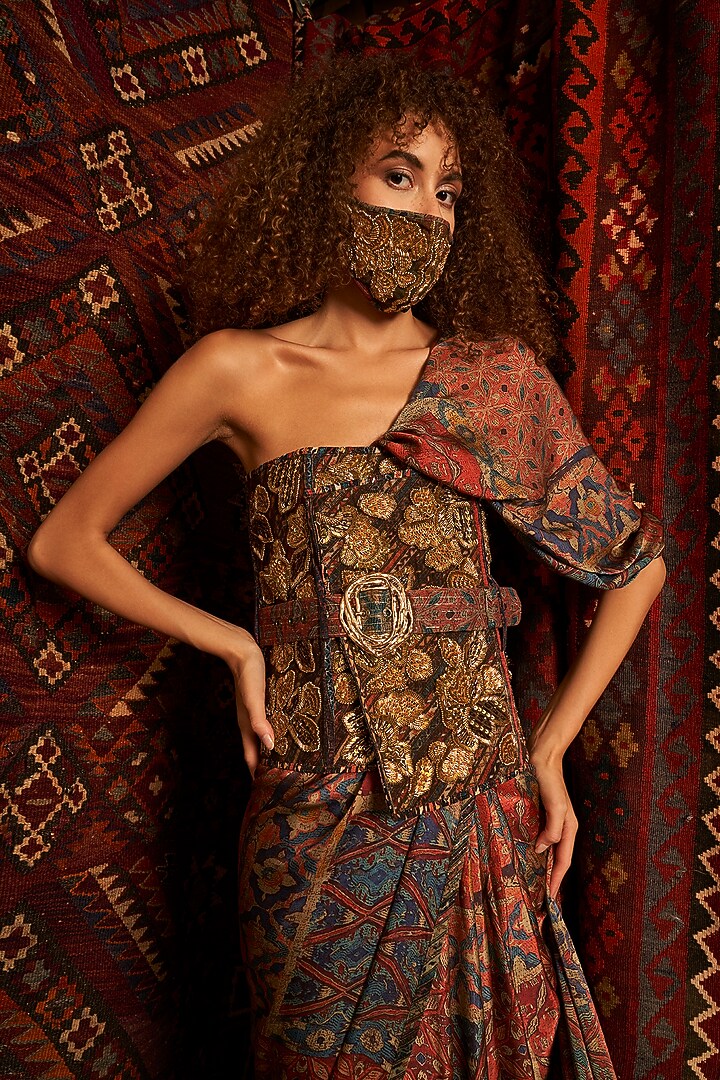 Brown Embroidered Corset With Belt by Nikita Mhaisalkar at Pernia's Pop Up Shop