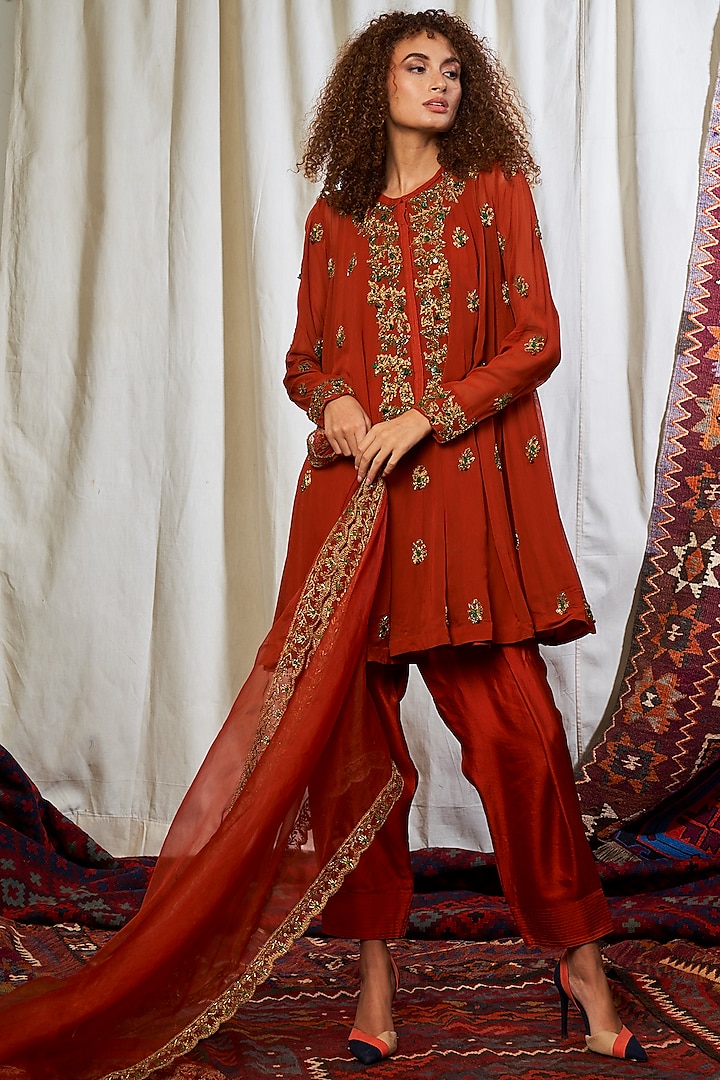 Rust Embroidered Kurta Set by Nikita Mhaisalkar at Pernia's Pop Up Shop