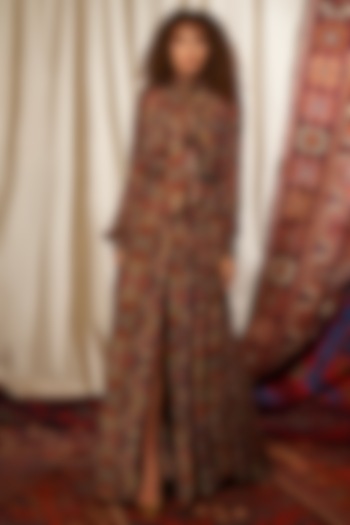 Brown Printed Bow Blouse by Nikita Mhaisalkar at Pernia's Pop Up Shop