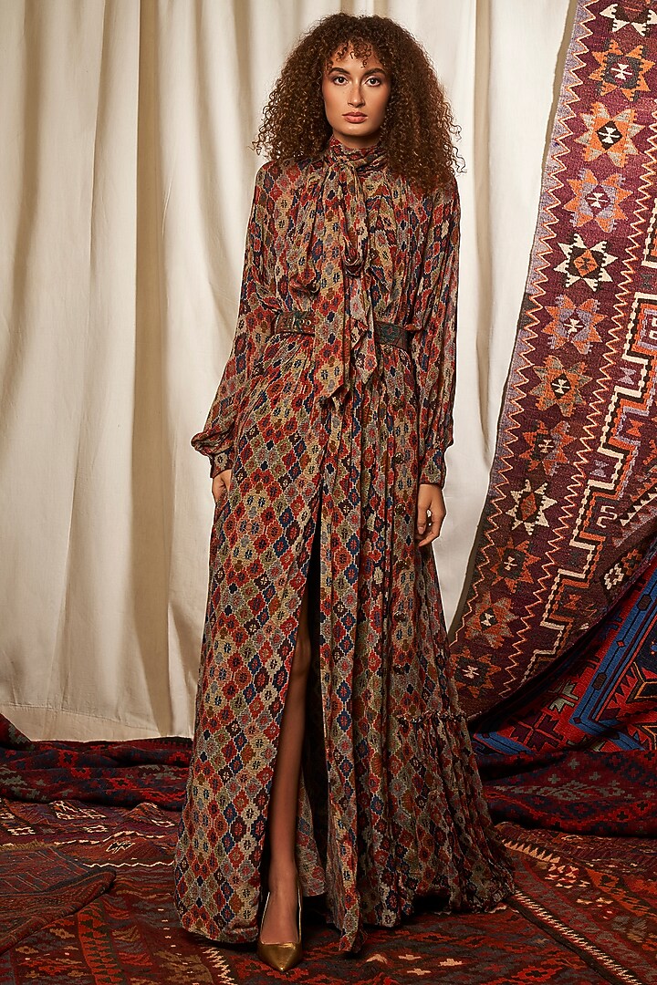 Brown Printed Bow Blouse by Nikita Mhaisalkar at Pernia's Pop Up Shop