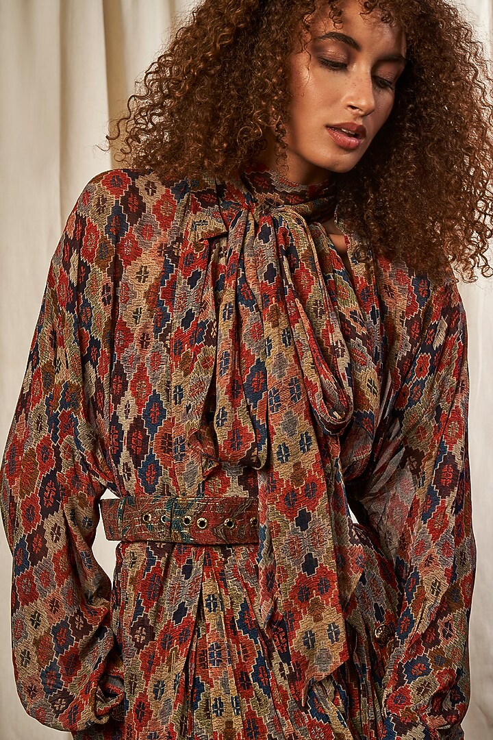 Brown Printed Bow Blouse by Nikita Mhaisalkar at Pernia's Pop Up Shop