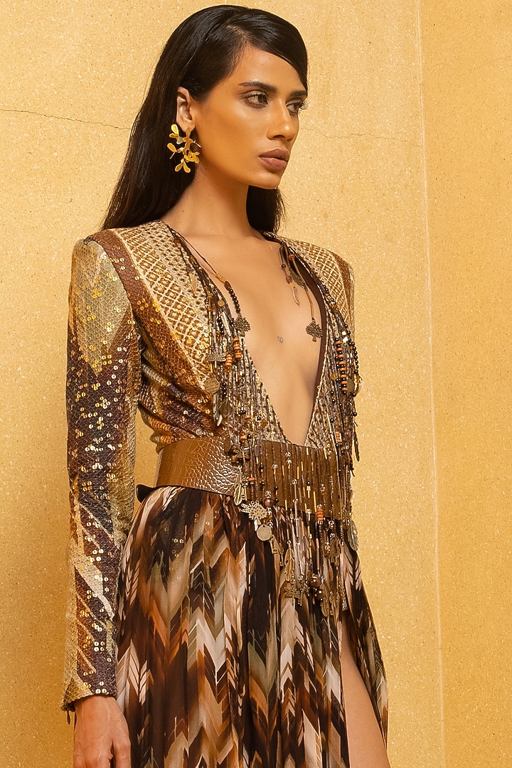 Coffee Brown Georgette Skirt Set by Nikita Mhaisalkar at Pernia's Pop Up Shop