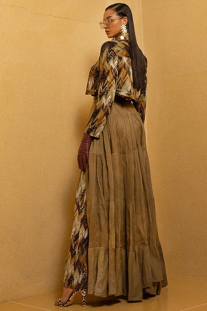Coffee Brown Georgette Bomber Jacket by Nikita Mhaisalkar at Pernia's Pop Up Shop
