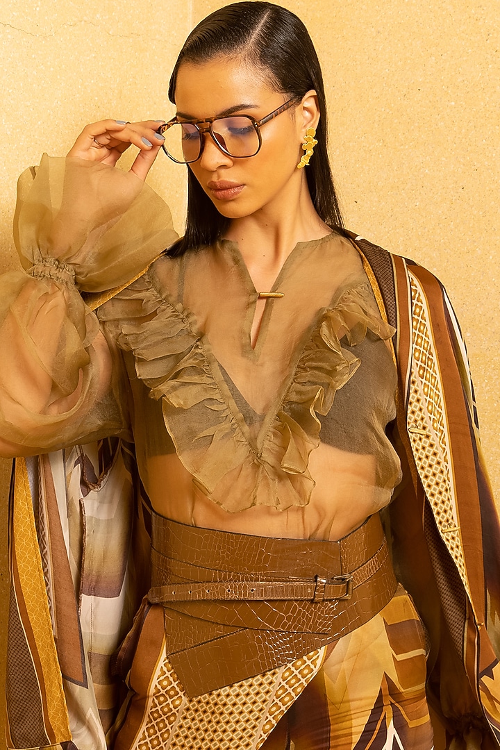 Coffee Brown Satin Shirt by Nikita Mhaisalkar at Pernia's Pop Up Shop