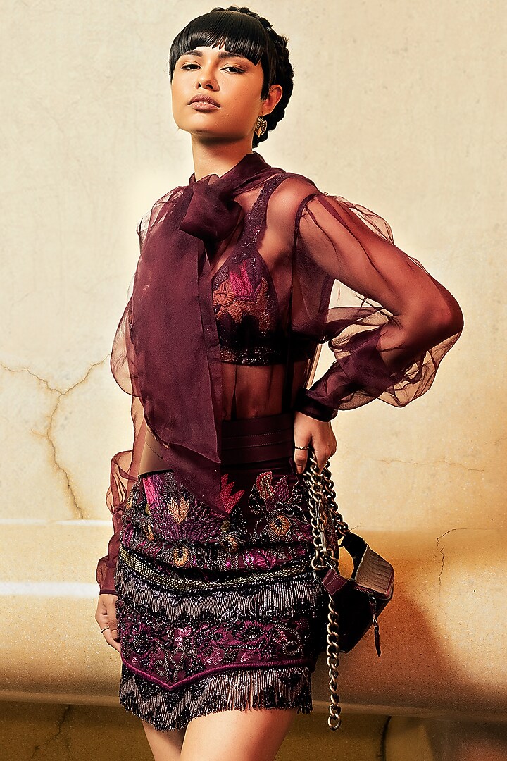 Wine Metallic Embellished Skirt by Nikita Mhaisalkar at Pernia's Pop Up Shop
