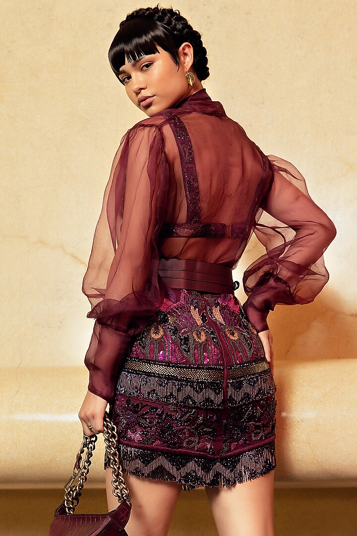 Wine Metallic Embellished Skirt by Nikita Mhaisalkar at Pernia's Pop Up Shop