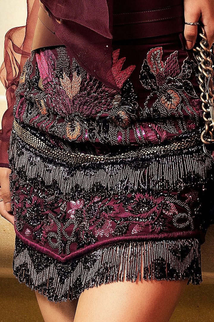 Wine Metallic Embellished Skirt by Nikita Mhaisalkar