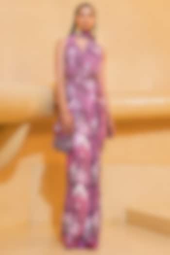 Lilac Double Georgette Floss Printed Saree Set by Nikita Mhaisalkar