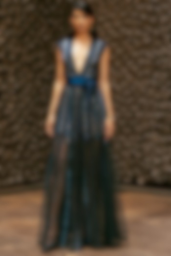 Dark Cerulean Blue Tulle Dress by Nikita Mhaisalkar