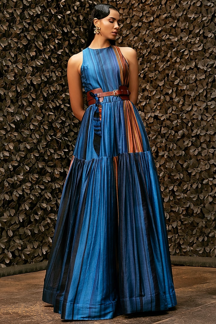 Midnight & Teal Blue Maxi Dress by Nikita Mhaisalkar