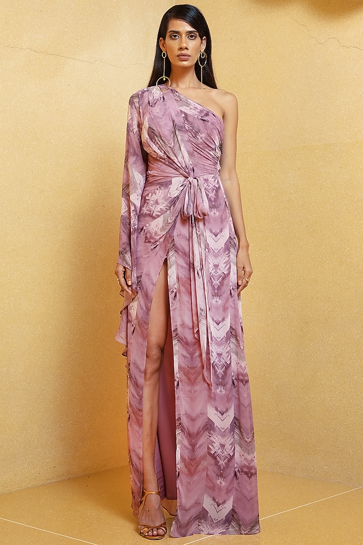 Lilac Printed One-Shoulder Dress by Nikita Mhaisalkar