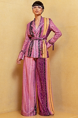 Berry Pink Printed Pant Set by Nikita Mhaisalkar