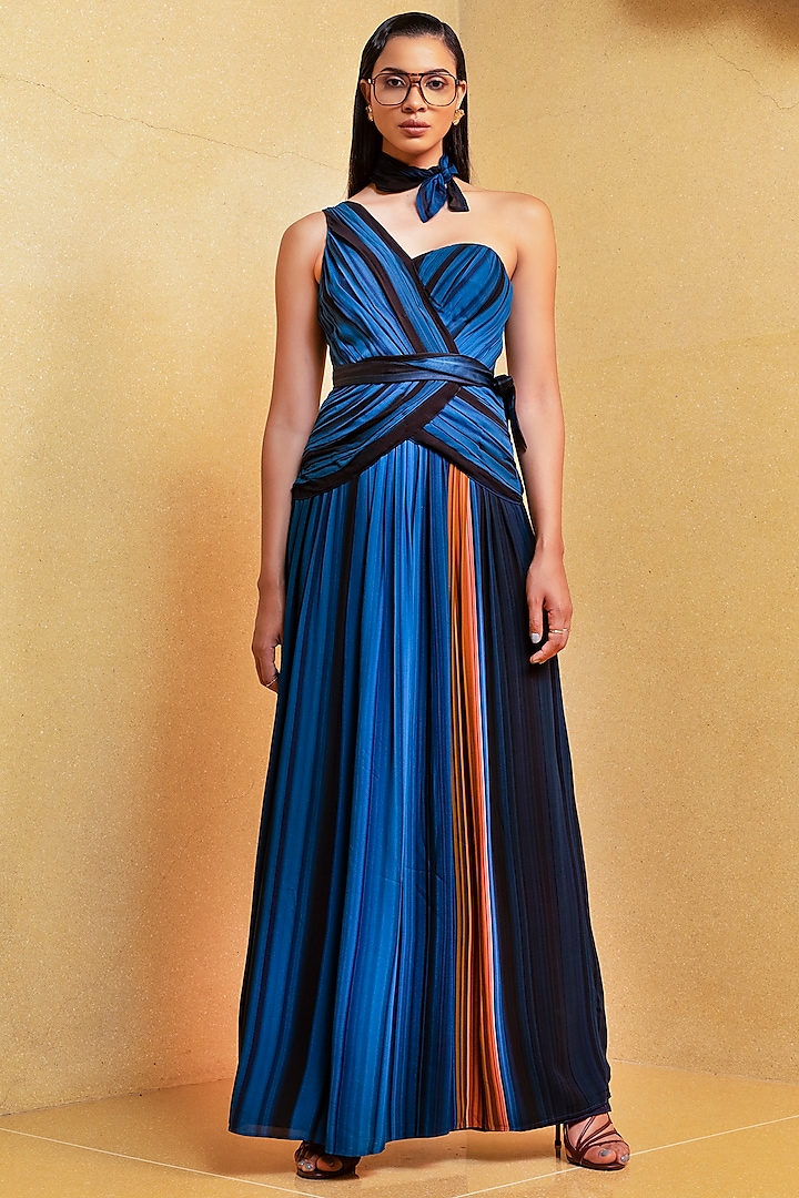 Midnight & Teal Blue One-Shoulder Party Wear Dress by Nikita Mhaisalkar at Pernia's Pop Up Shop