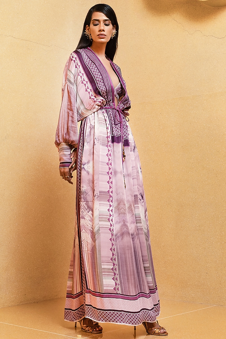 Lilac Satin Printed Kaftan by Nikita Mhaisalkar at Pernia's Pop Up Shop