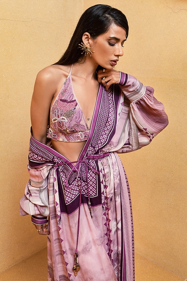 Lilac Satin Printed Kaftan by Nikita Mhaisalkar at Pernia's Pop Up Shop