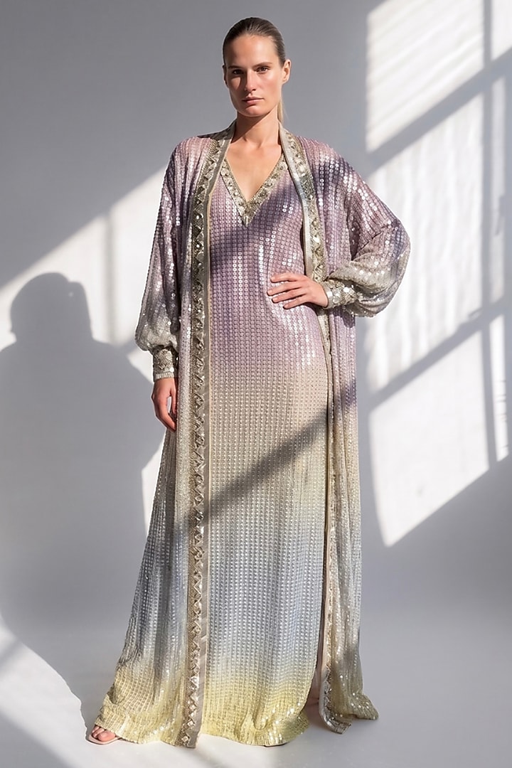 Purple Sheeted Georgette Embroidered Slip Party Wear Dress with Jacket by Nikita Mhaisalkar at Pernia's Pop Up Shop
