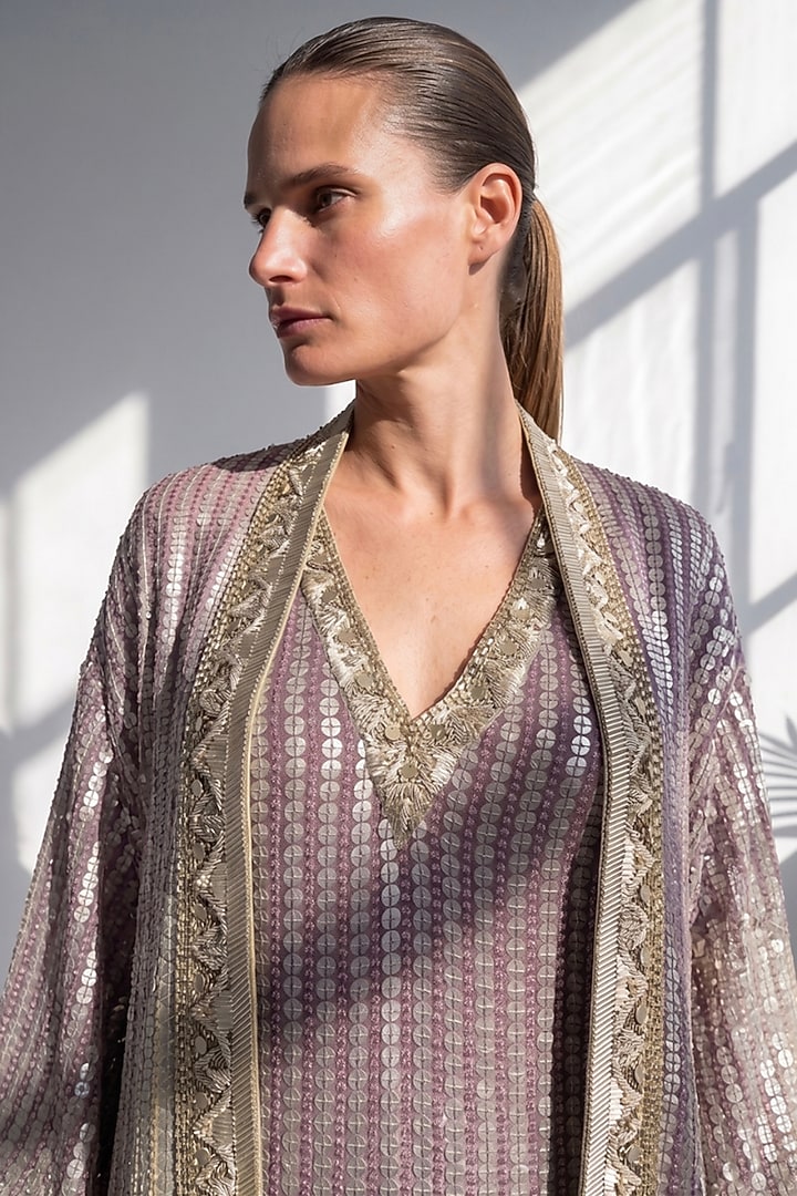 Purple Sheeted Georgette Embroidered Slip Party Wear Dress with Jacket by Nikita Mhaisalkar at Pernia's Pop Up Shop